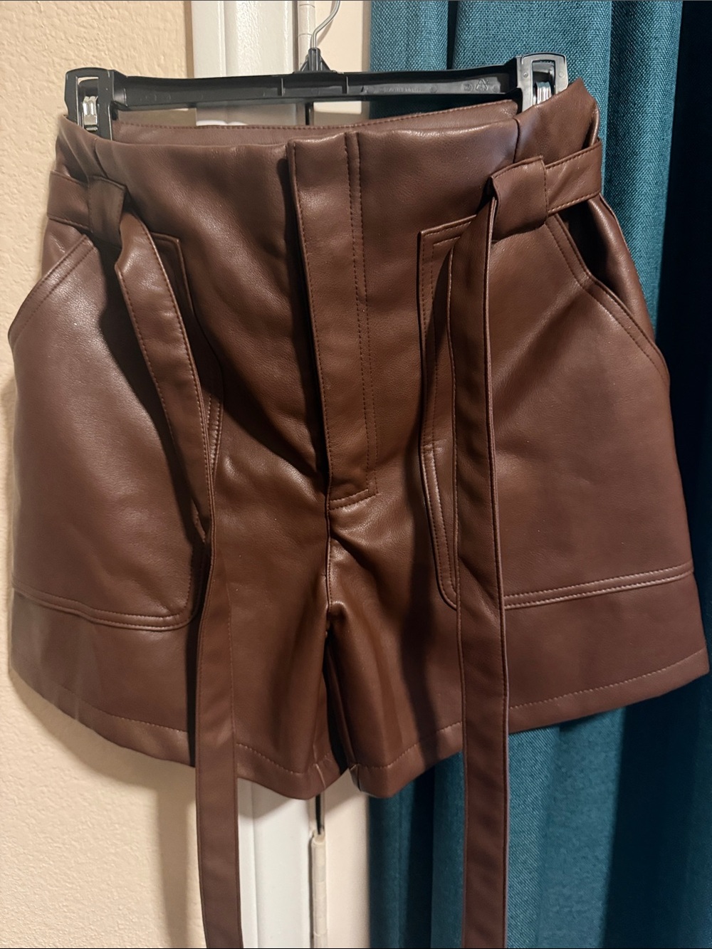 High-Waist Faux Leather Shorts with Self-Tie Belt — Brown